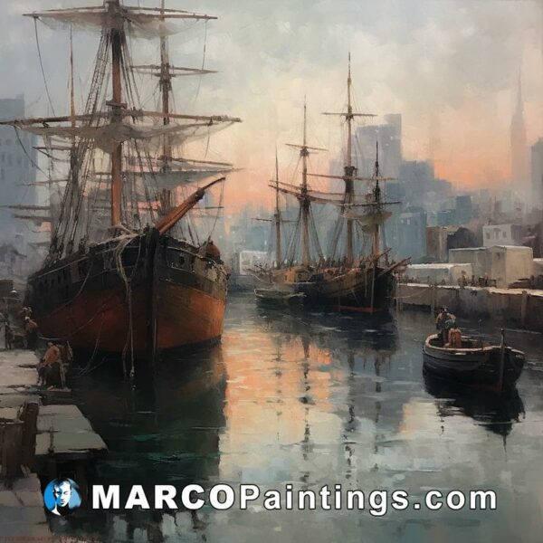 An oil painting of old sailing ships docked in the water