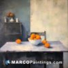 An oil painting of oranges sitting on a table