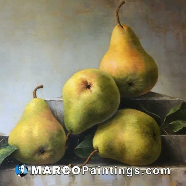 An oil painting of pears sitting on top of each other