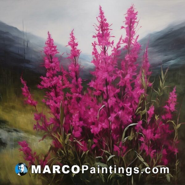 An oil painting of pink flowers in the countryside