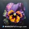 An oil painting of purple pansies on a black background