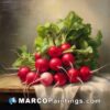 An oil painting of radishes in a stack on a painting table