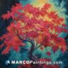 An oil painting of red japanese bonsai tree