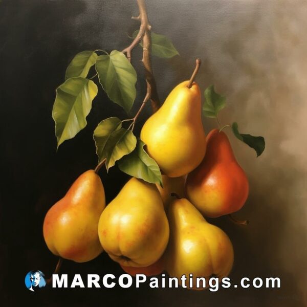 An oil painting of several pears hanging from the branch