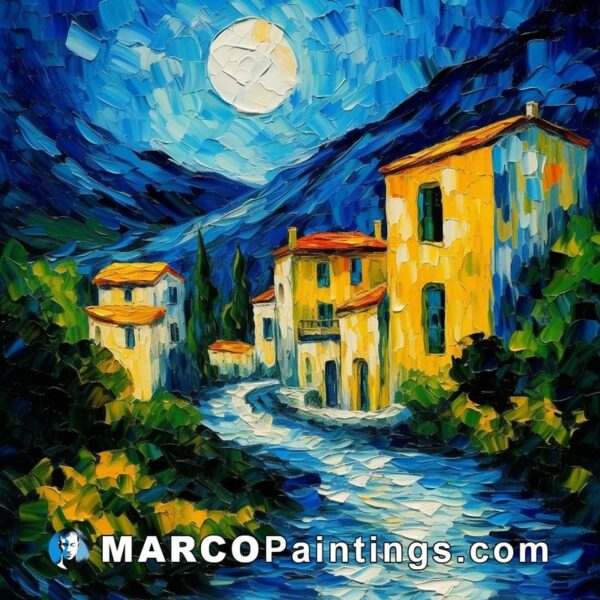 An oil painting of small houses next to a river with moonlight