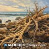 An oil painting of some driftwood near the ocean