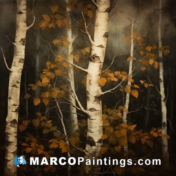 An oil painting of some old birch trees