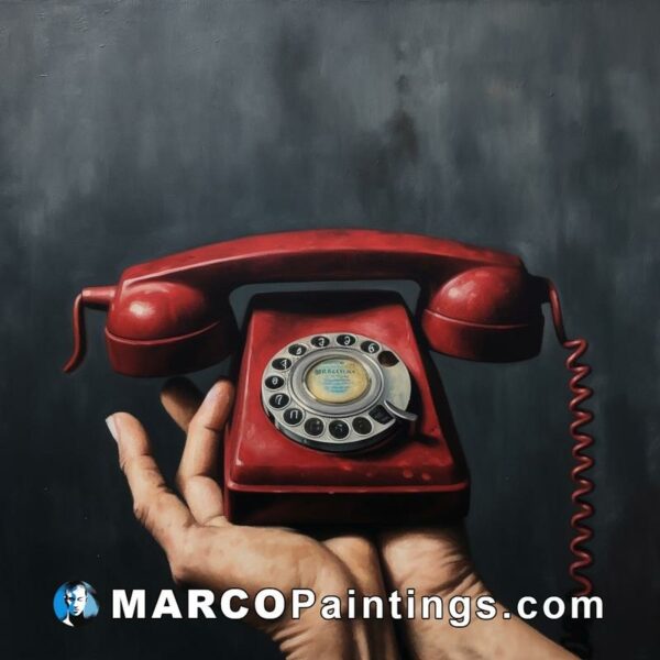 An oil painting of someone hand holding a red telephone