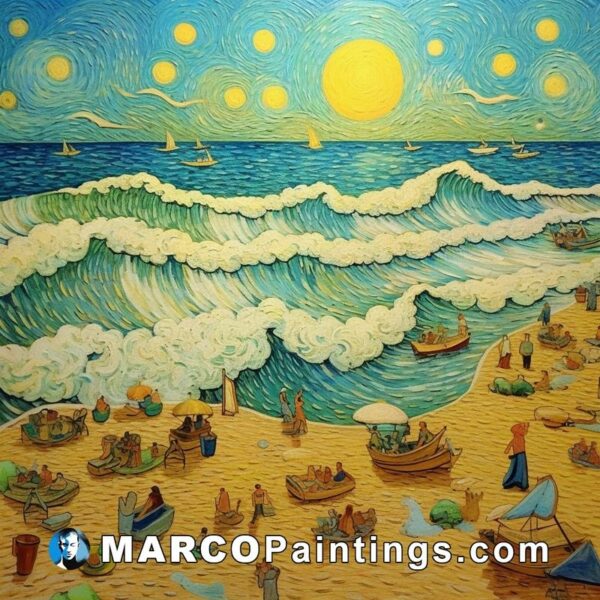 An oil painting of the beach and boats that come out onto the shore from the starry sky