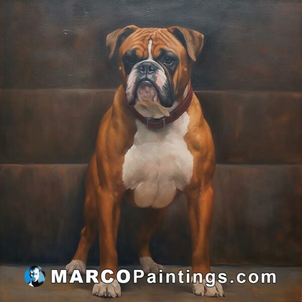 An oil painting of the box dog standing in front of the brown wall