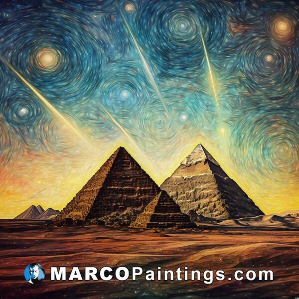 An oil painting of the pyramids and a starry sky