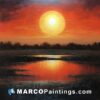 An oil painting of the sun rising behind a river