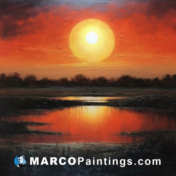 An oil painting of the sun rising behind a river