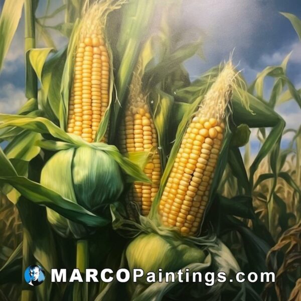 An oil painting of three yellow corn on the cob