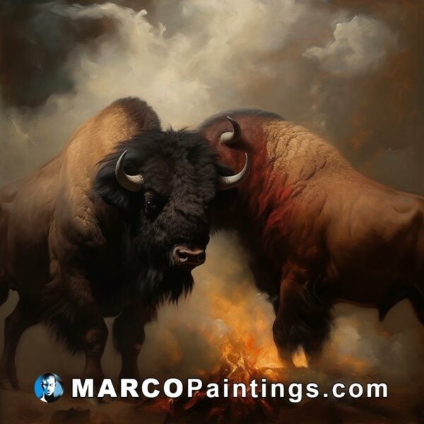 An oil painting of two bisons in a field of smoke