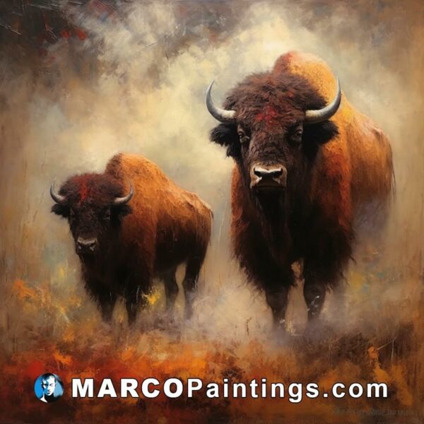 An oil painting of two bisons in an open field