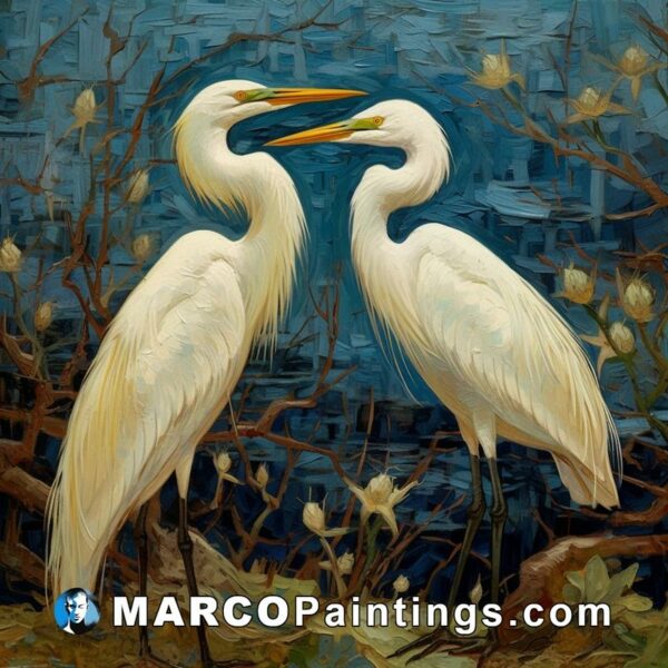 An oil painting of two white cranes together