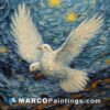 An oil painting of white doves flying