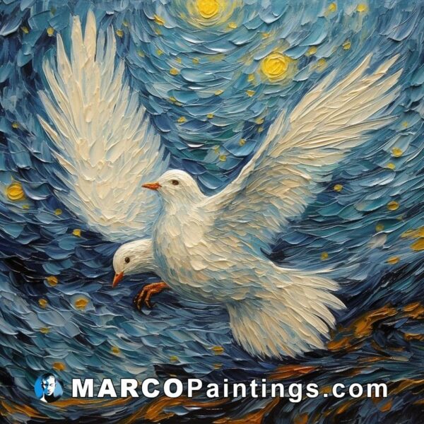 An oil painting of white doves flying