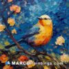 An oil painting on canvas of a bird sitting on a blue branch