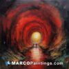 An oil painting on canvas of a red tunnel