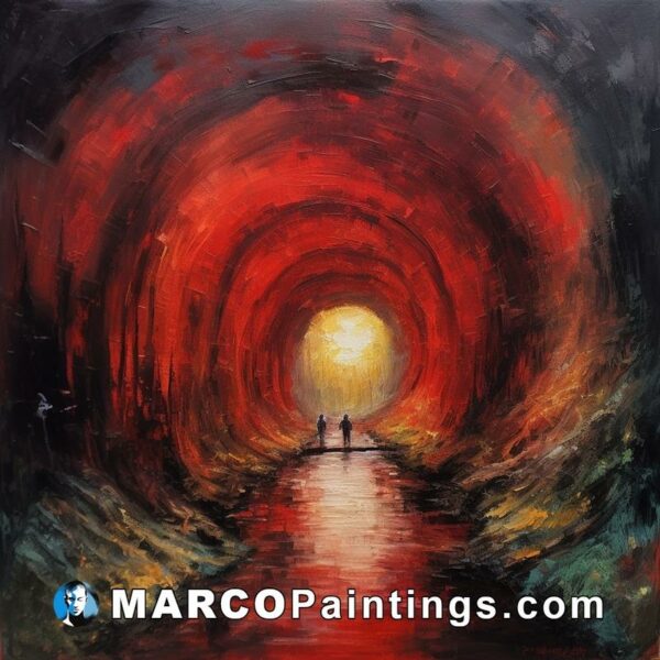 An oil painting on canvas of a red tunnel