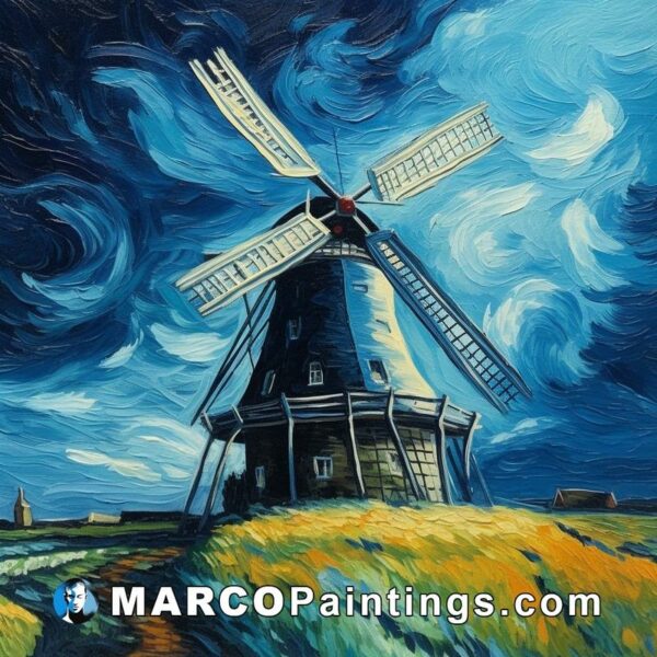 An oil painting on canvas of a windmill with cloudy sky