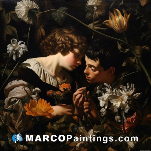 An oil painting on canvas of a young couple on flowering vines