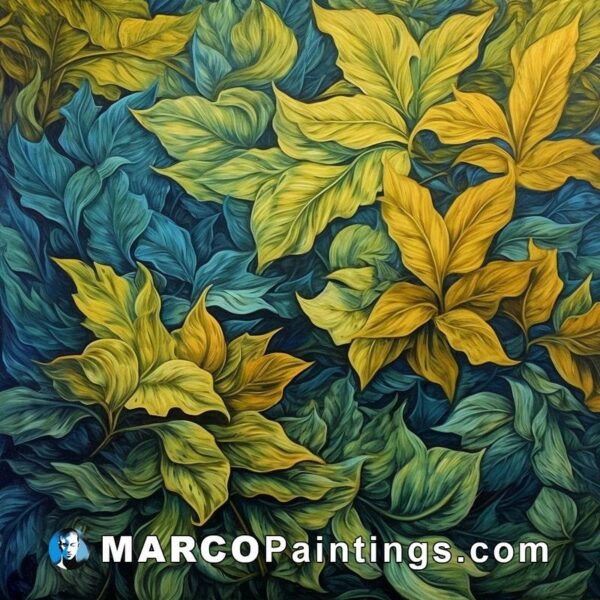 An oil painting on canvas of yellow leaves with blue and gold leaves