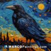 An oil painting on paper of a raven with a city under his wings