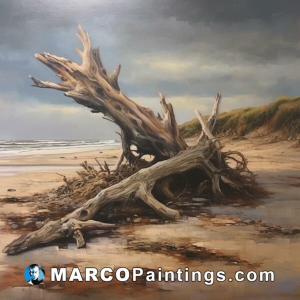 An oil painting on the beach of a fallen tree