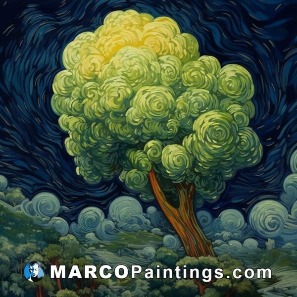 An oil painting showing a big tree in the night sky