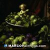 An oil painting shows a baby amidst spinach and brussels sprouts