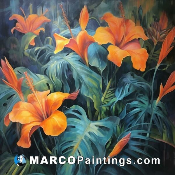 An oil painting shows orange hibiscus and tropical greenery