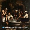 An oil painting shows people gathered around a pot of water