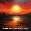 An oil painting shows the sun at sunrise over a swamp
