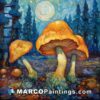 An oil painting shows three fungus mushrooms under the moon