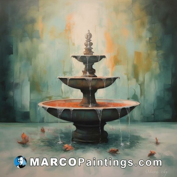 An oil painting that shows a fountain with leaves