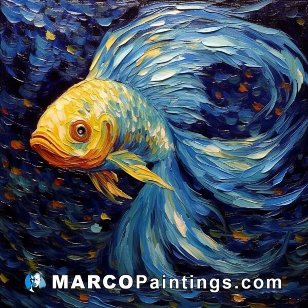 An oil painting with a blue goldfish in the river