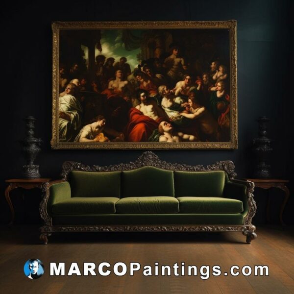 An oil painting with a green couch in front