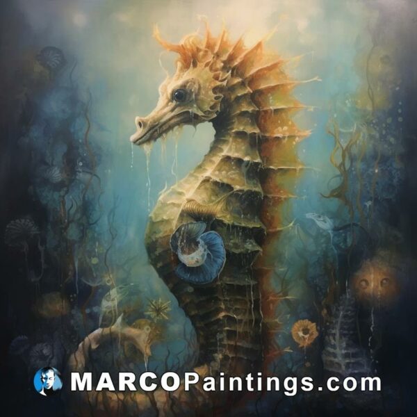 An oil painting with a seahorse in the middle