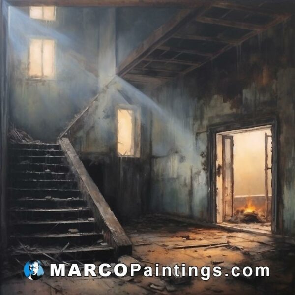 An oil painting with a staircase in a broken down building