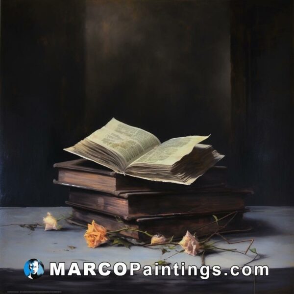 An oil painting with books and some books on top it