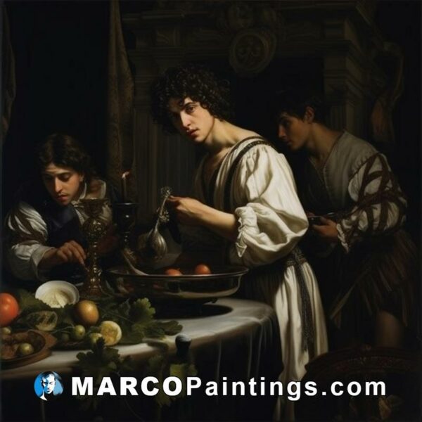 An oil painting with several men serving in a kitchen
