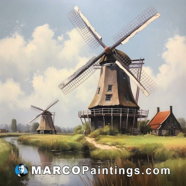 An oil painting with windmills