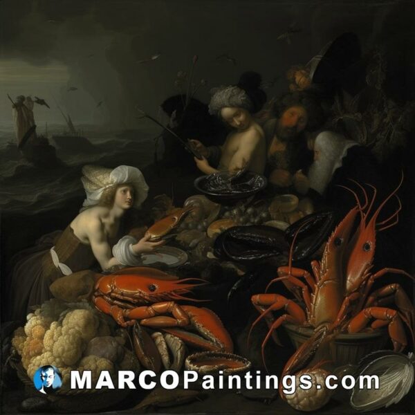An oil painting with women serving seafood on the table