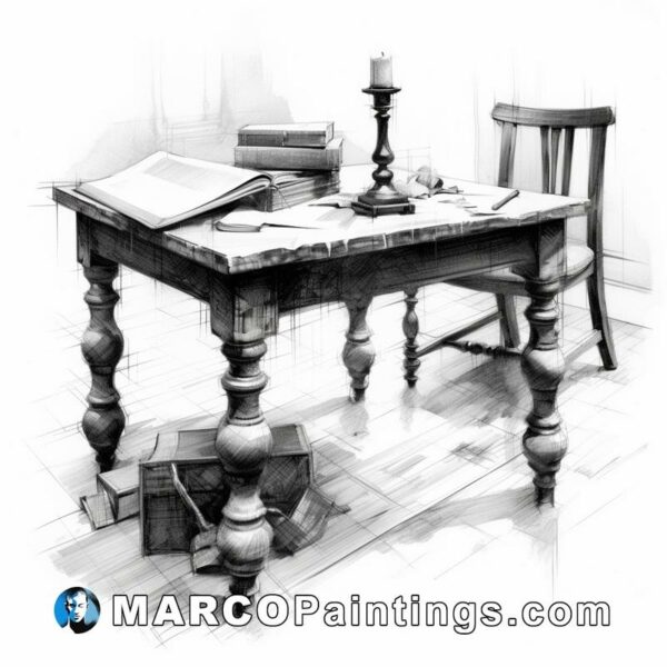 An old and black sketch of a table with books and pencils