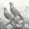 An old black and white drawing of a pair of pheasants on grass