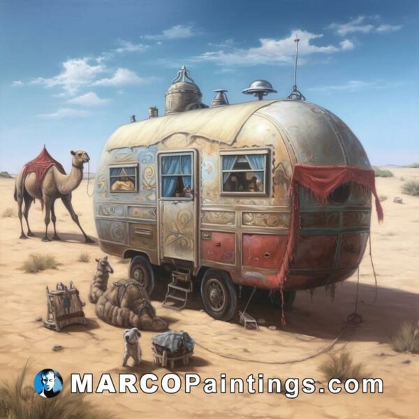 An old caravan with a camel and sheep