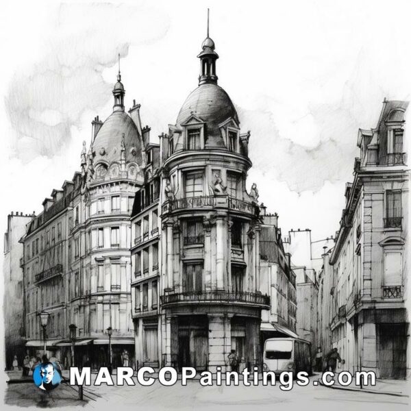 An old drawn illustration of buildings in paris
